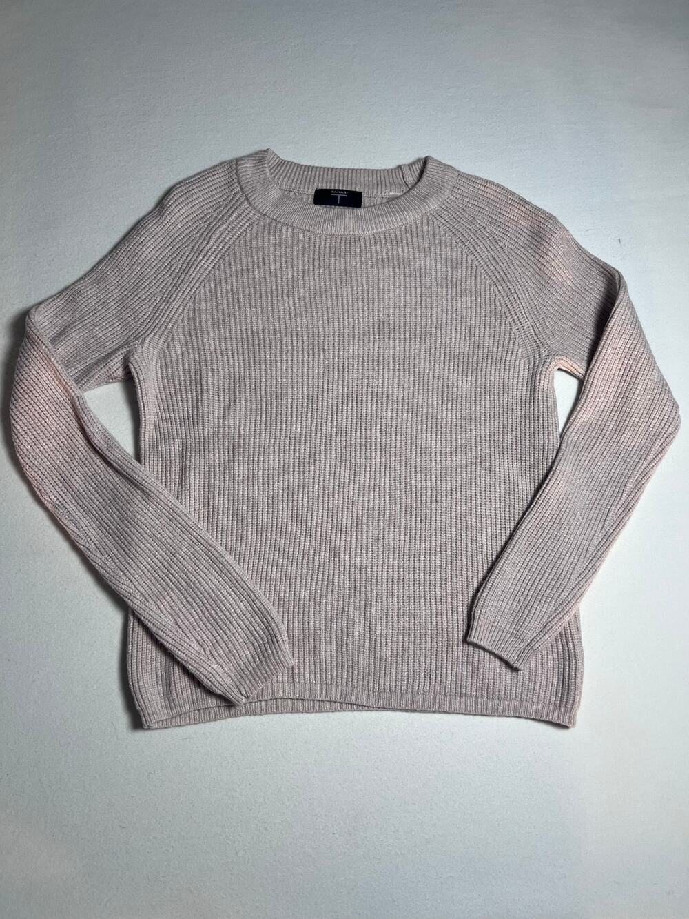 Tahari Womens S Petite Oatmeal Beige Ribbed Knit Crewneck Sweater Pullover